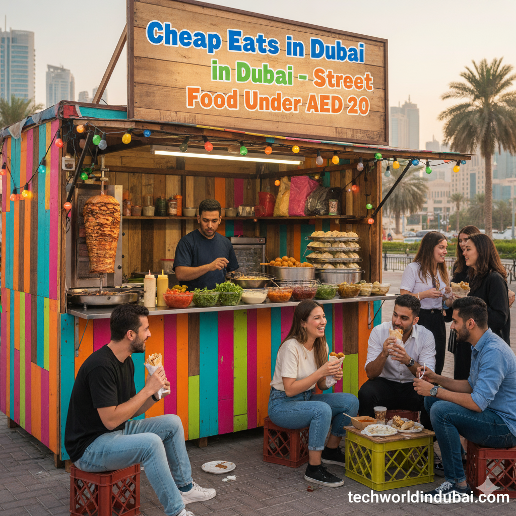 “Affordable street food in Dubai including shawarma and falafel under AED 20