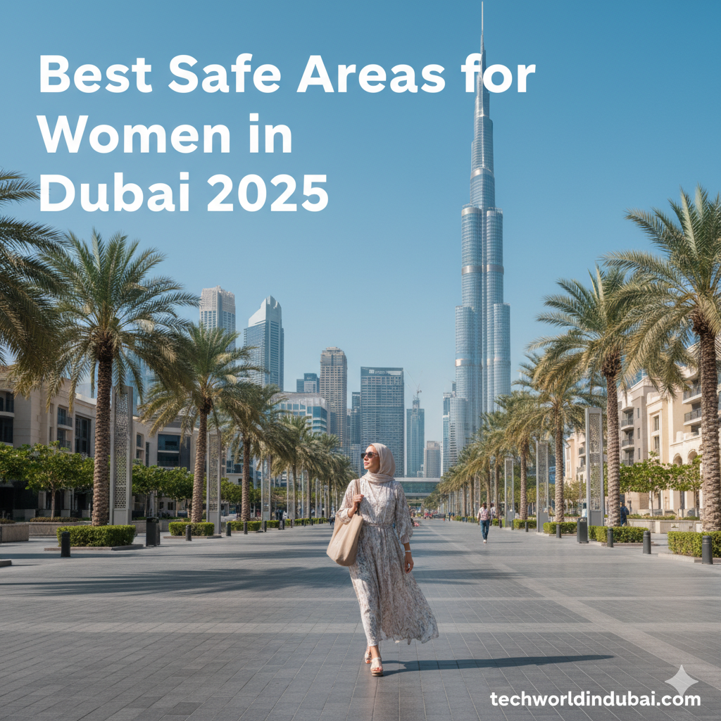 Female expat walking safely in Dubai, showcasing best safe areas for women