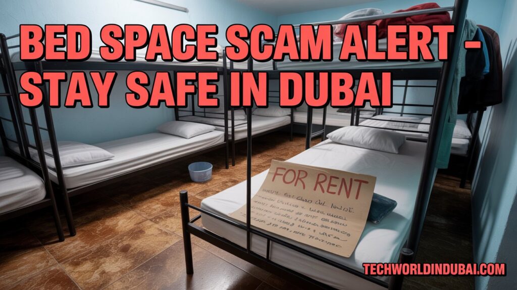 Warning signs of bed space scams in Dubai showing fake rental listings on a shared room bed