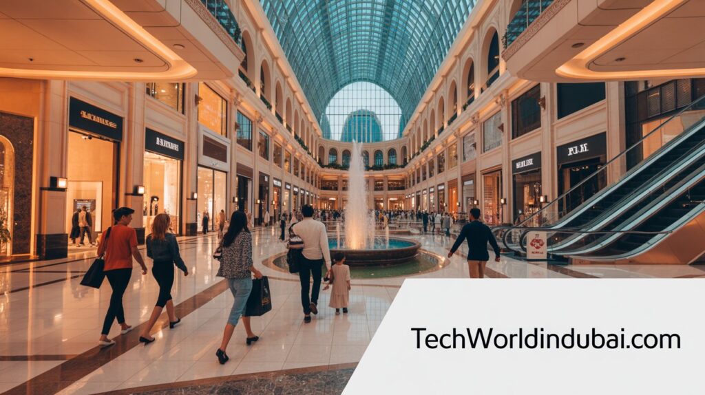 A vibrant view of Dubai Mall’s Golden Square with shoppers and luxury stores.