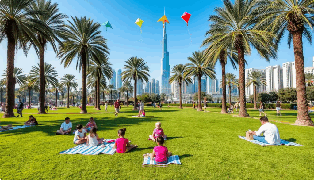 Families enjoying Dubai beach and free park events.