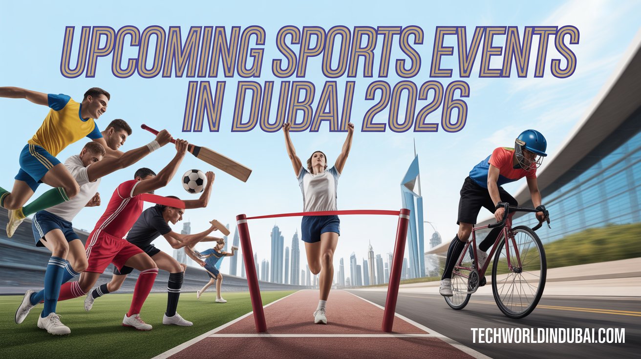 Action shots from upcoming Sports Events in Dubai 2026 with athletes and Dubai skyline