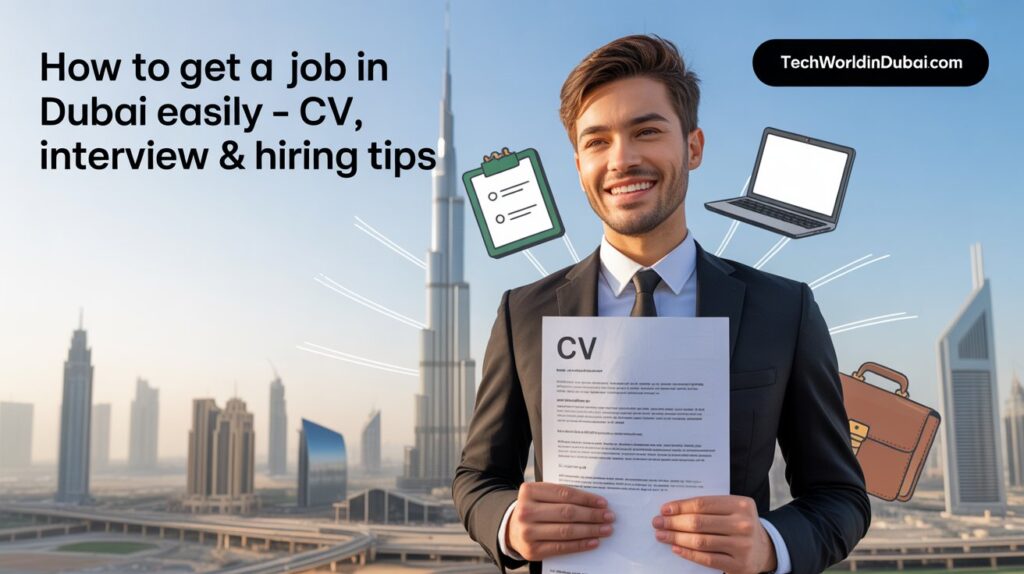Young professional with CV looking for jobs in Dubai, Dubai city skyline in background, job interview tips, CV format, Dubai hiring process