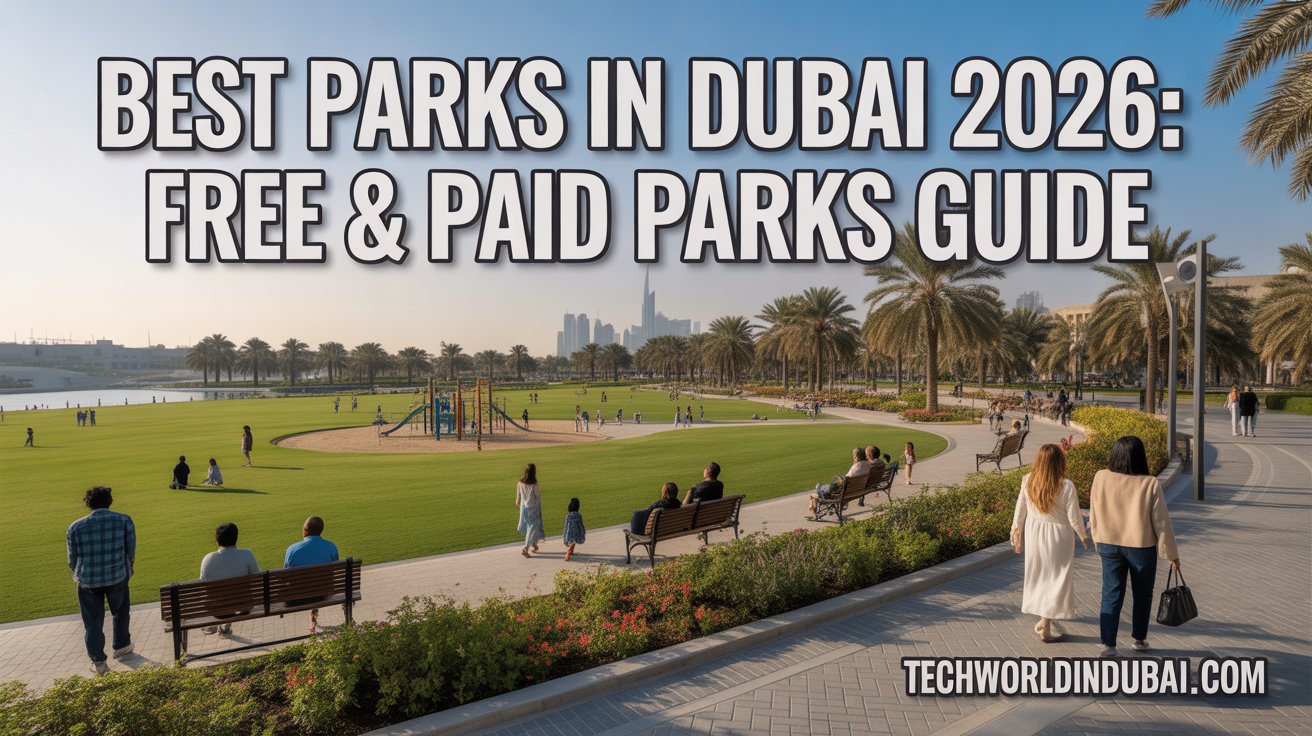 Visitors enjoying green spaces and walking paths at a popular Dubai park