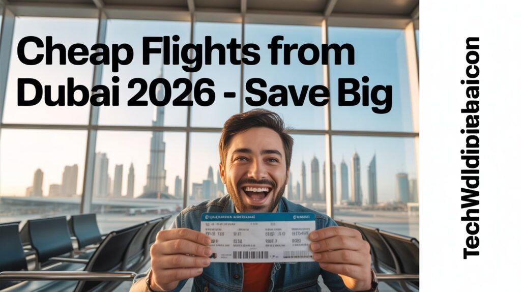 Traveler holding boarding pass with Dubai skyline, cheap flights from Dubai 2026