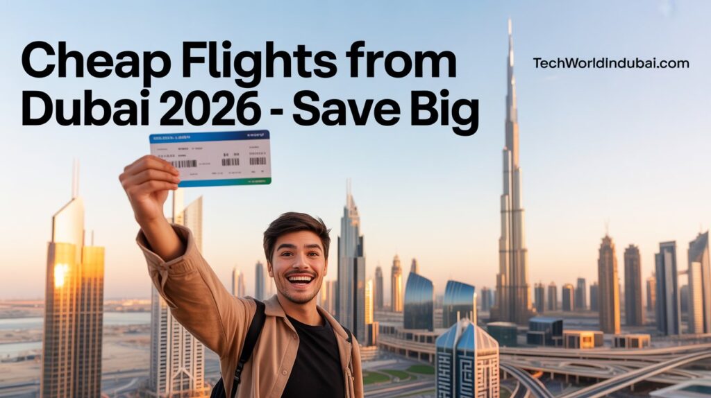 Mobile phone showing flight booking app with Dubai flights