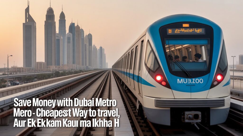 Dubai Metro train at a station showing fares and routes 2026