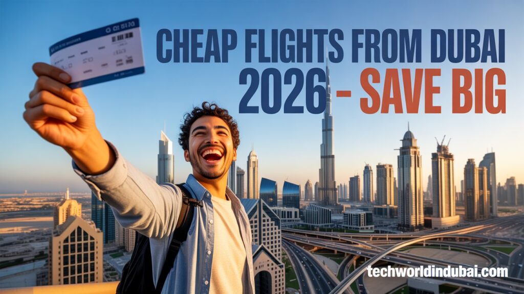 Happy first-time traveler at Dubai airport with luggage